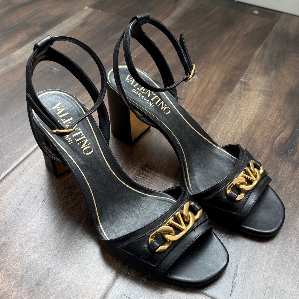 Valentino Black Leather Block Heel Sandals with Gold Chain Accent